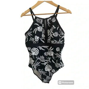 Lands End Womens Black Floral One Piece Swimsuit